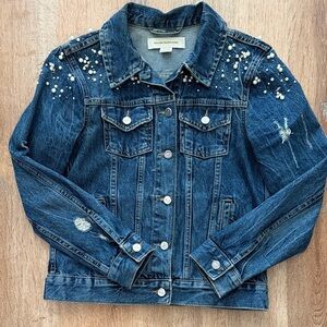 Pilcro Blue Denim Jacket with Pearl & rhinestone Accents